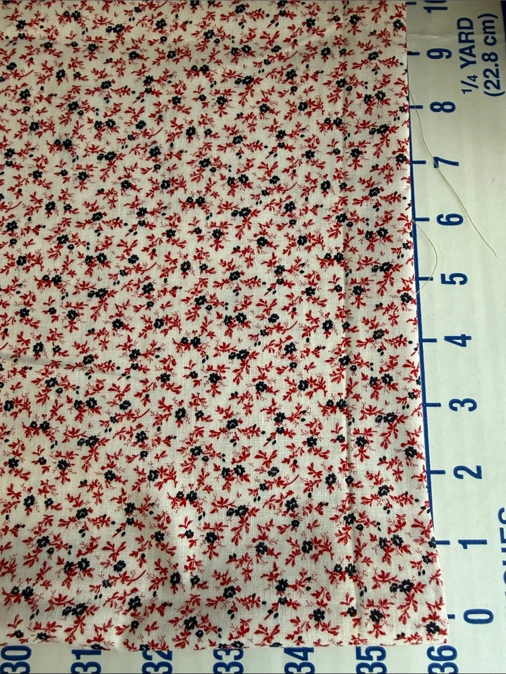 Vintage 1970s Calico Fabric 3 Yards Red Navy Floral Cream Cotton Blend 44”